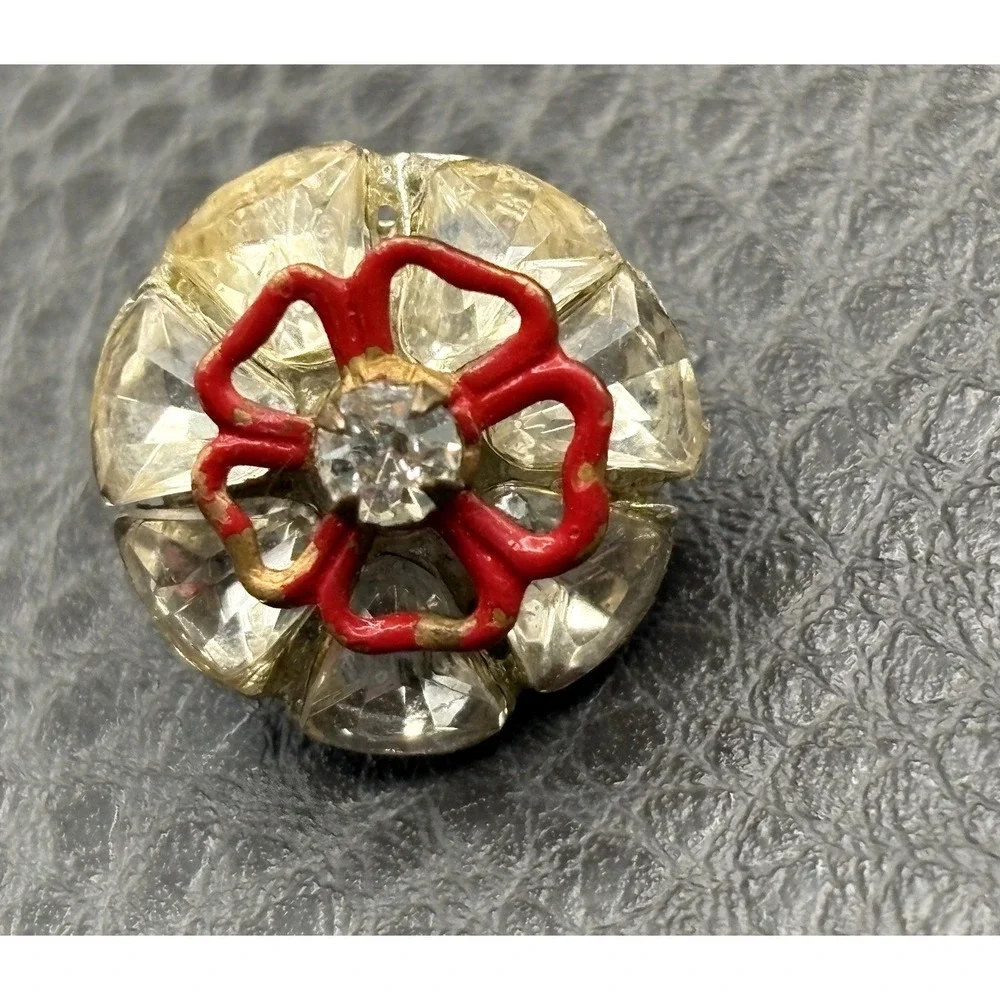 Vintage Art Deco Pot Metal Keystone Rhinestone Crystal Red Enamel Flower Button